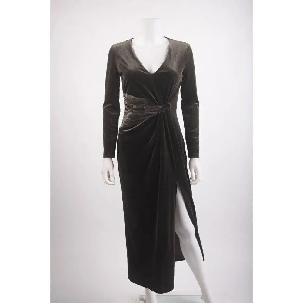 Zara Velvet Midi Dress Khaki Green Gathered Knot Front M Medium 8658/887 NWT